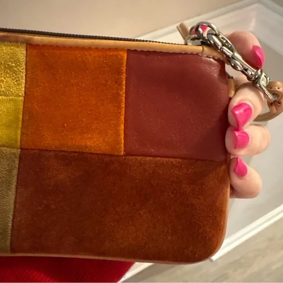 VINTAGE Coach Patchwork Suede Wristlet in Brown, Orange & Gold - Picture 12 of 15
